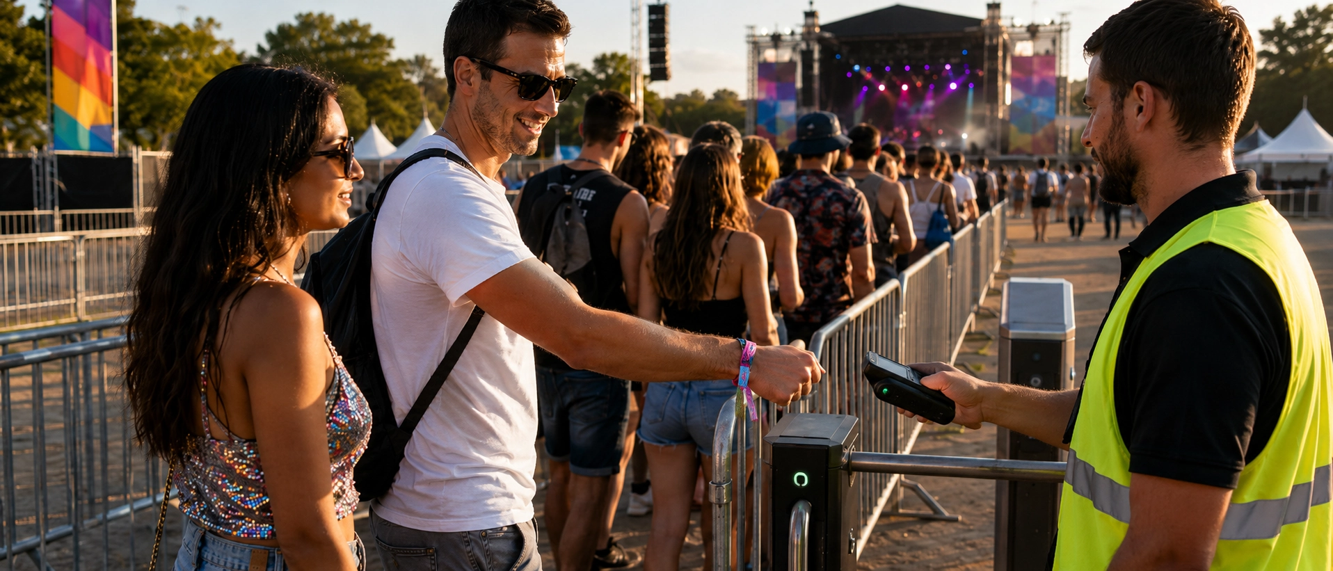 Festival guests wearing colorful woven RFID wristbands at an outdoor music festival with crowd control access Festival guests wearing colorful woven RFID wristbands at an outdoor music festival with crowd control access